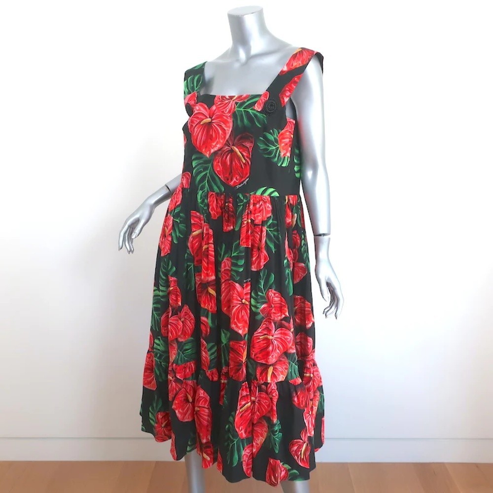Dolce & Gabbana Sleeveless Midi Dress Black Laceleaf Floral Print Poplin Size 48 - Picture 3 of 7